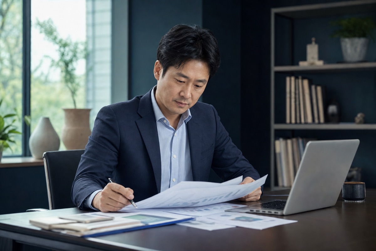 사무실에서 매출·재무 자료를 검토하는 성장기 사업체 대표